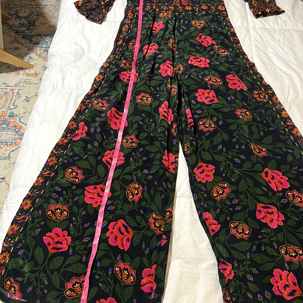 Farm Rio Jumpsuit Smoked Wide Leg 3/4 Sleeve Vibrant Florals Holidays SZ L EUC - Picture 10 of 11
